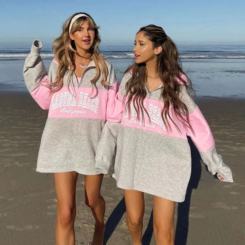 

Fashion Polo Neck Grey Zip Up Hoodie Letter Casual Women Vintage Hoodie Sweatshirts Y2k Loose C Ontrasting Color Long Sleeve Top