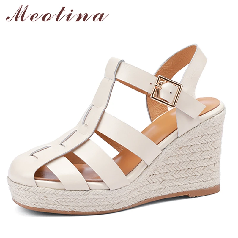 

Meotina Shoes Women Genuine Leather Gladiator Sandals Platform Wedges Heel Buckle Fashion Ladies Footwear Summer Brown Beige