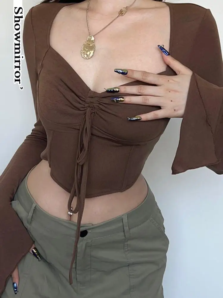 

Топ женский облегающий с длинным рукавом и V-образным вырезом