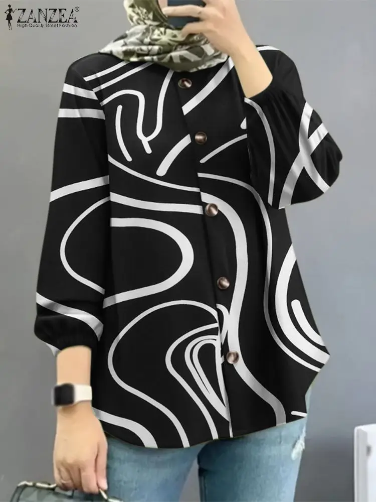 Модная женская рубашка ZANZEA осенняя винтажная блузка с принтом и длинным рукавом