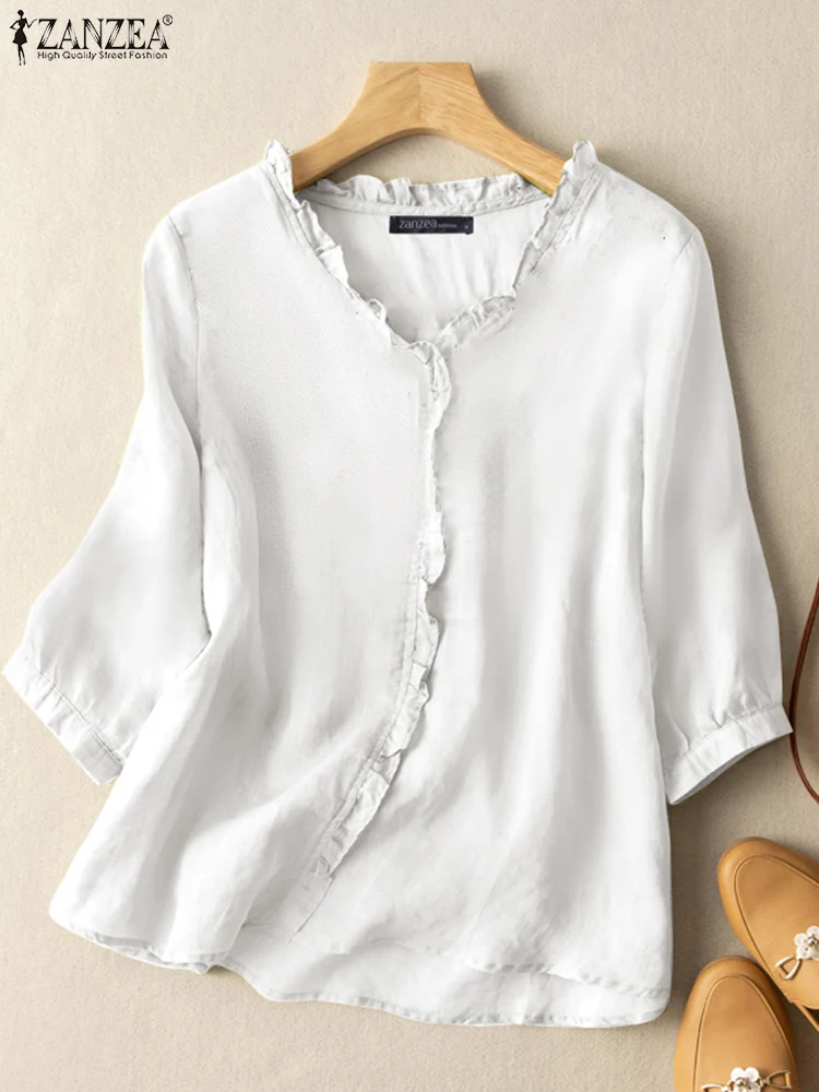 

Элегантная блузка с оборками для женщин ZANZEA повседневные топы с рукавом 3/4 и V-образным вырезом однотонные рабочие офисные блузки женские ов...