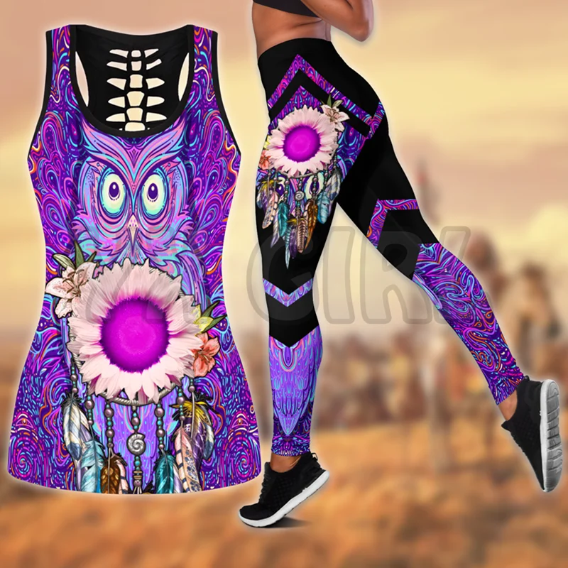 Native Owl Sunflower 3D Printed Tank Top+Legging Combo Outfit Yoga Fitness Legging Women