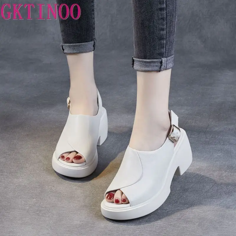 GKTINOO 2023 Women Sandals Summer Shoes Open Toe Genuine Leather Thick Heels Handmade Platform Casual Sandals Female Sandalias