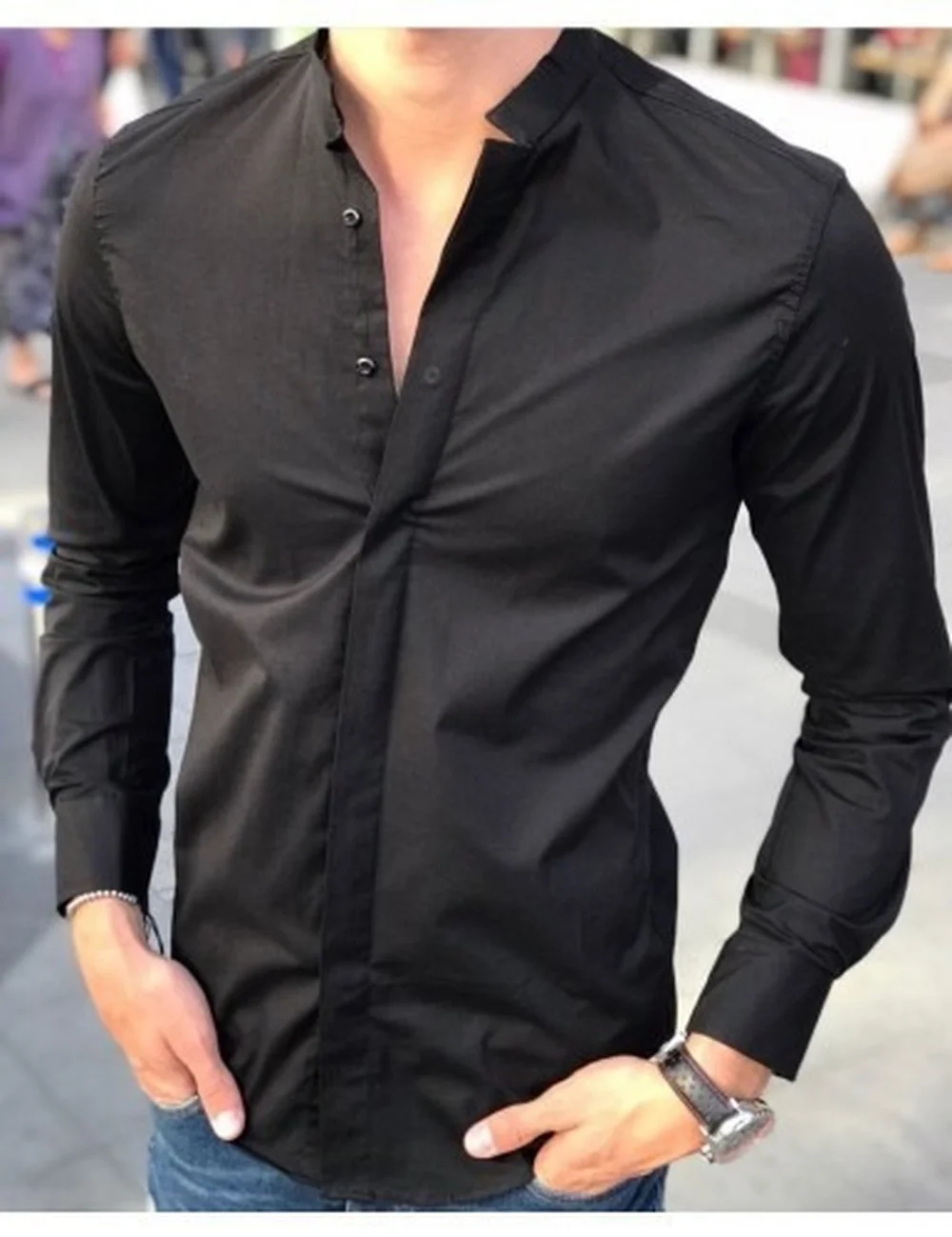 Men's Stand Collar Double Flat Solid Color Slim Fit Long Sleeve Shirt