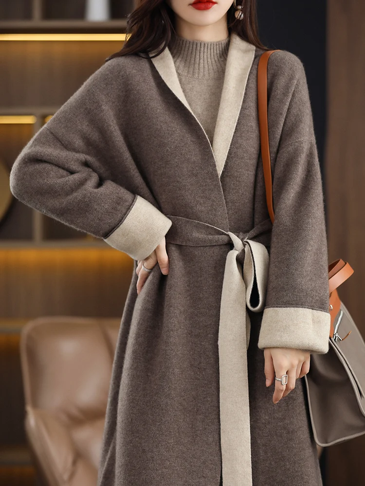 

Кашемировый вязаный кардиган, женское осенне-зимнее пальто в европейском стиле из чистой шерсти, свободное большое пальто до колена