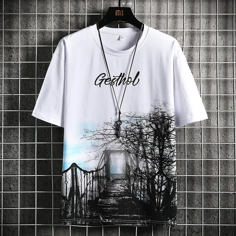 

2023 Men's New T-shirt Men's National Tide Ice Silk T-shirt Landscape Chinese Style Men's Sports Breathable T-shirt