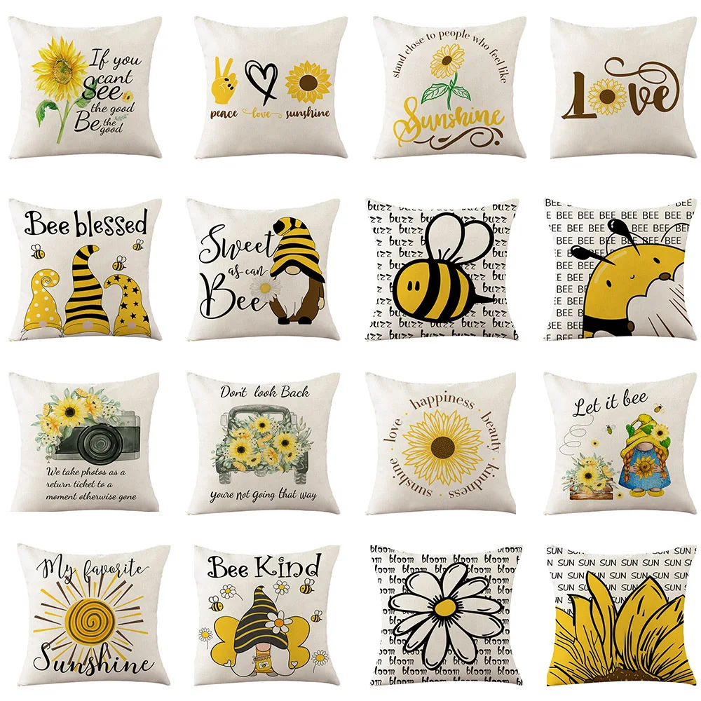 

Spring Home Decor Linen Cushion Cover 45x45cm Bee Sunflower Printed Pillow Covers Farmhouse Home Decorative Throw Pillowcase