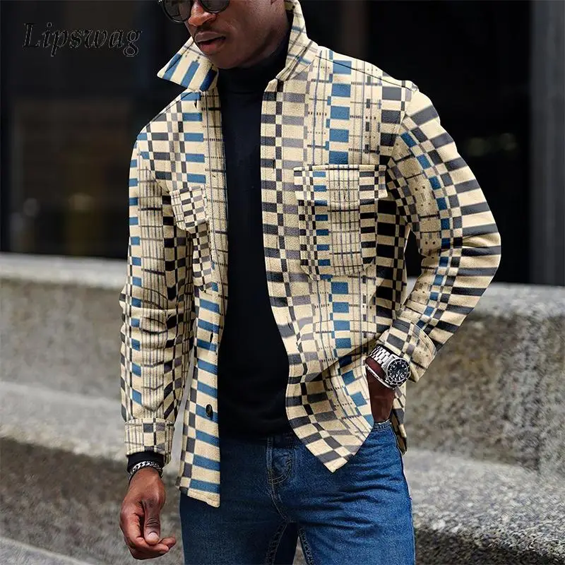

Mens 2022 Fashion Digital Print Outerwear Vintage Long Sleeve Turn-down Collar Buttoned Coats For Men Casual Jackets Streetwear