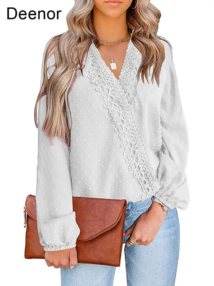 

Женская блузка с V-образным вырезом Deenor, модная шифоновая кружевная рубашка, пуловер, свободная рубашка для отпуска, 2022