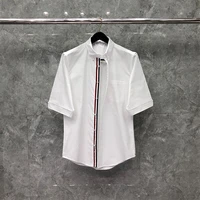 tb thom mens shirt spring buttons stripes solid white cotton oxford top casual business luxury brand short sleeve shirts