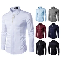 2022 new mens long sleeve shirts diagonal button embroidery mens shirts slim fit formal solid color tops business casual shirt
