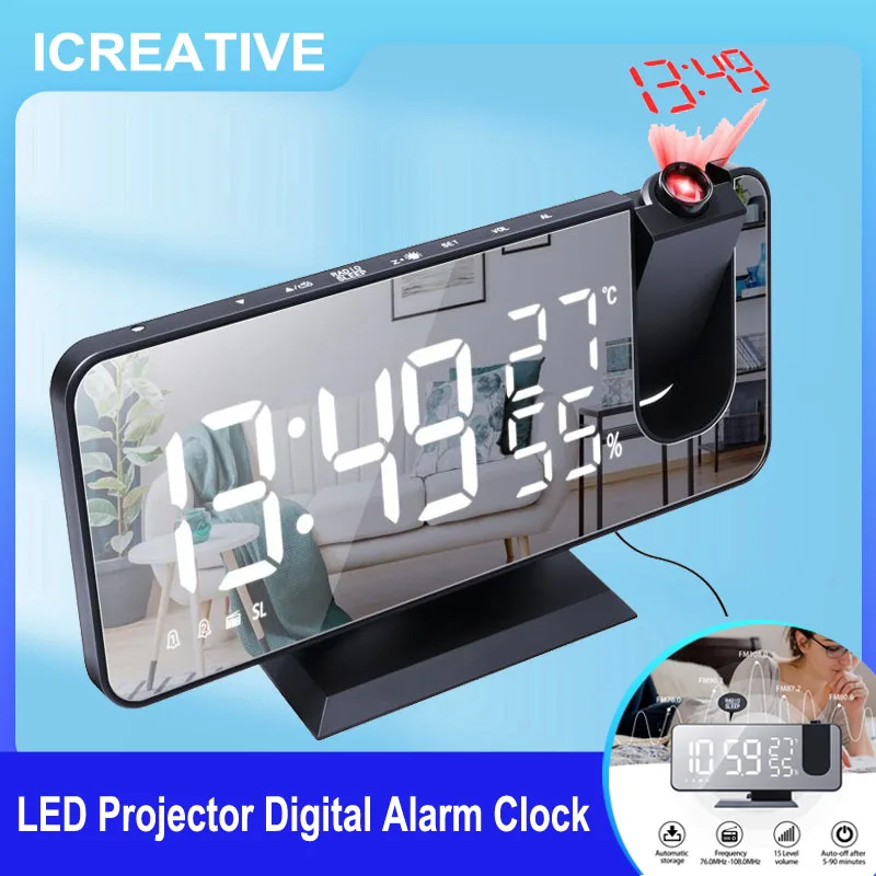 

ICREATIVE LED Projector Digital Alarm Clock FM Radio Multifunction Bedside Time Display with Temperature Humidity Makeup Mirror