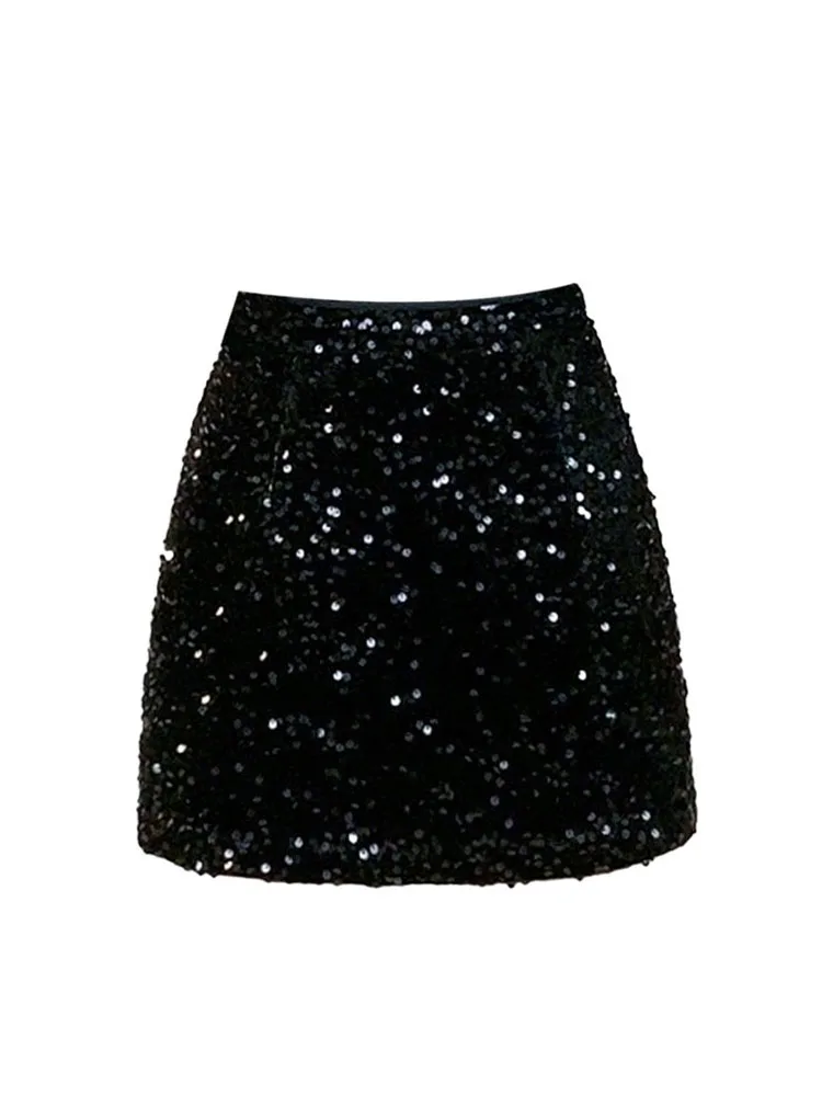 

Shiny Sequins Hip Skirt Women 2023 New Sexy High Waist Solid All-Matching New Female Party A Line Skirt Streetwear Lady Clothing