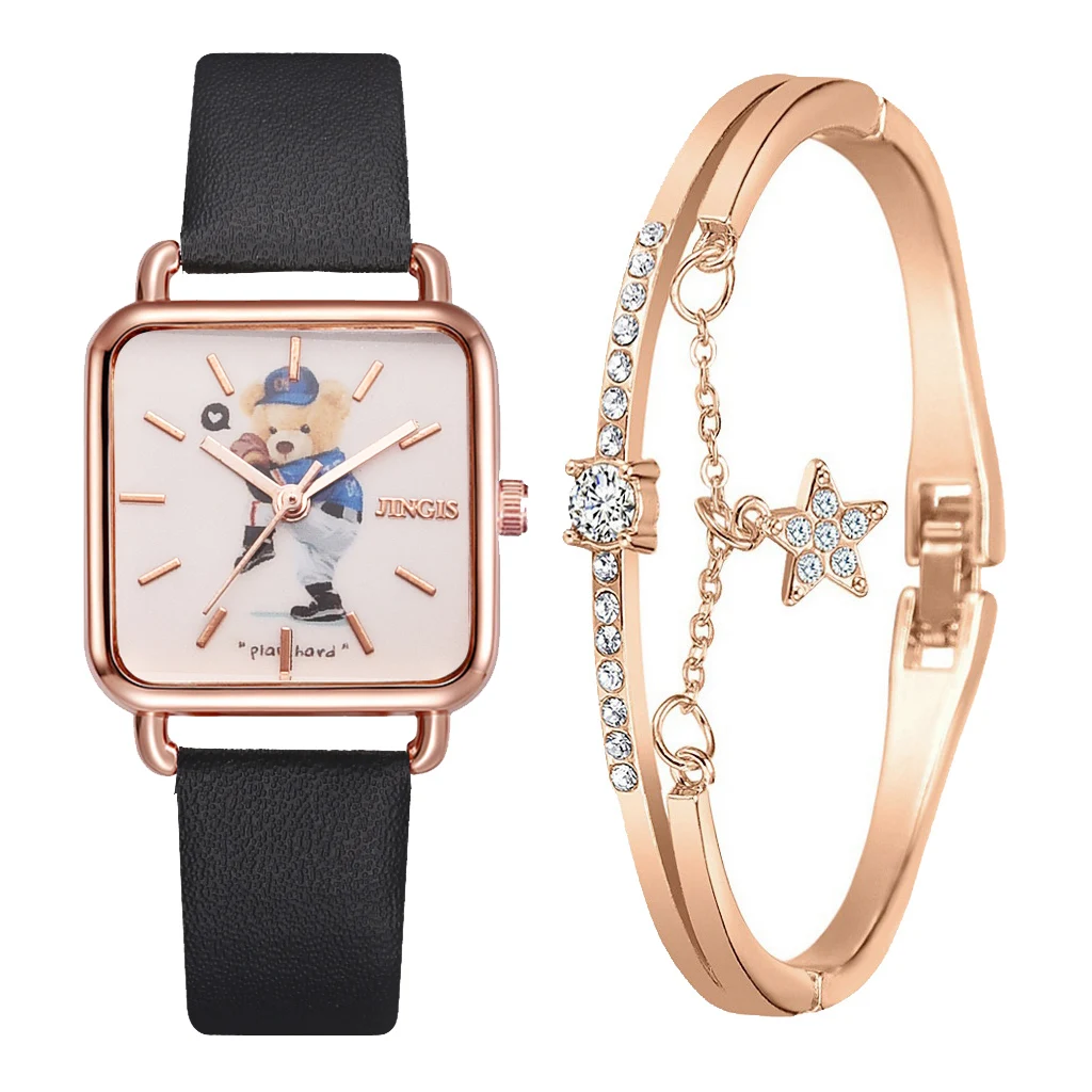 

2PC Leather Band Quartz Wristwatch Square Bracelet Watches Women Set Bear Pattern Ladies Female Clock Zegarek Damski Relogio