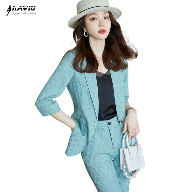 

Blue Suits Women Summer High End Professional Temperament New Fashion Half Sleeve Slim Blazer And Pants Office Ladies Work Wear