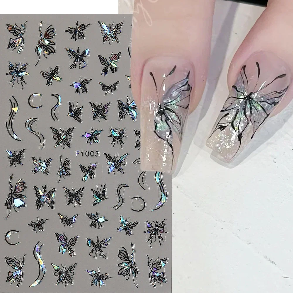 3D голографические наклейки для ногтей в виде черной бабочки лазерные розовые
