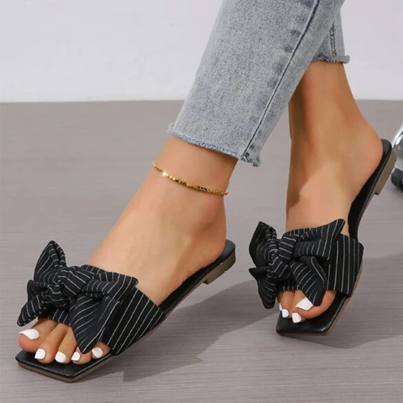 Women Striped Pattern Bow Decor Flat Sandals Preppy Fabric Slides Sandals Big Size Open Toes Home Leisure Women Slippers