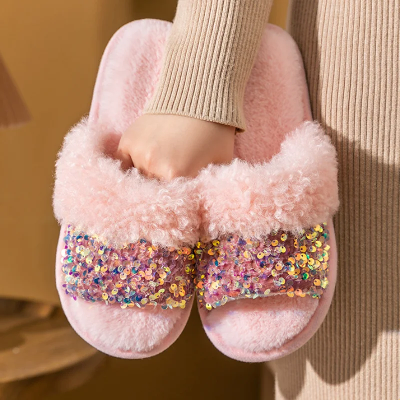 

Fashion winter home women's shoes sequin vamp short plush socks fluffy 2023 new pine faux fur slippers warm fluffy slippers