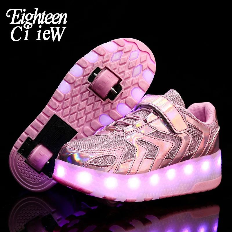 

Szie 28-40 Glowing Sneakers on Wheels for Boys Light Up Sneakers with Double Wheel USB Charging Children Luminous Sneakers