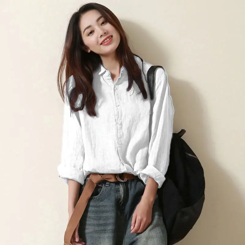 Рубашка женская из хлопка и льна с длинными рукавами