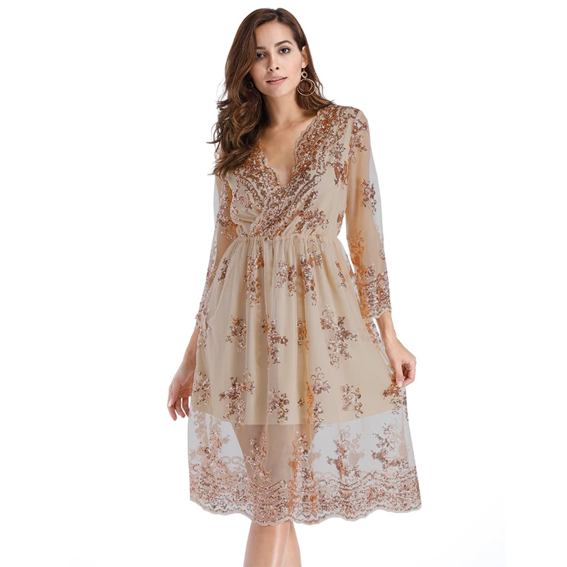 

Women New Fashion 3/4 Sleeve Sexy Deep V Neck See Through Casual Sequined Party Cocktail Knee Length dress
