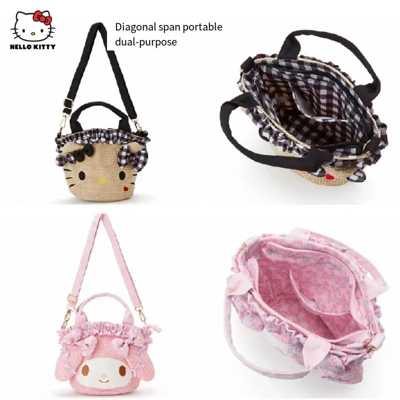 

Kawaii Sanrio, Hello Kitty My Meldoy мультфильм большой емкости дорожный боковой рюкзак сумка-мессенджер ручка двойного назначения соломенная сумка