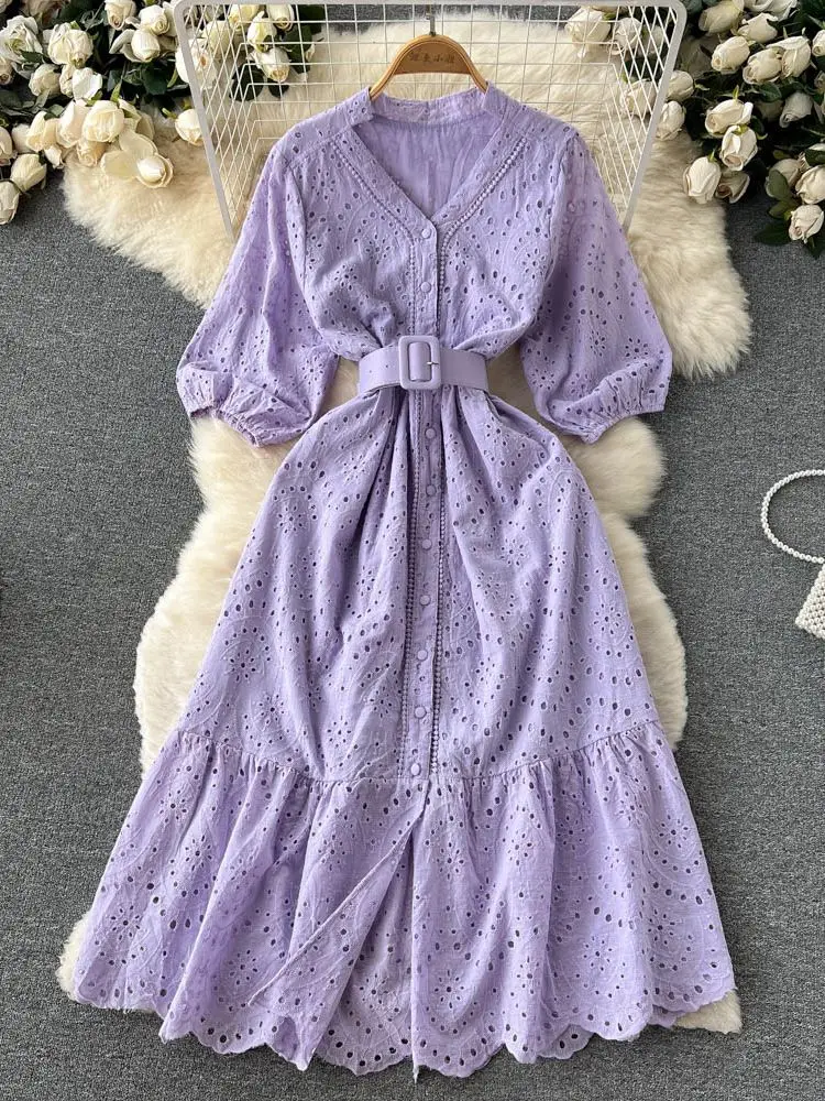 

Banulin Summer Designer Fashion Runway Dress Women's V-Neck Short Sleeve Hollow Out Embroidery Lace Sashes Party Vestidos N6224