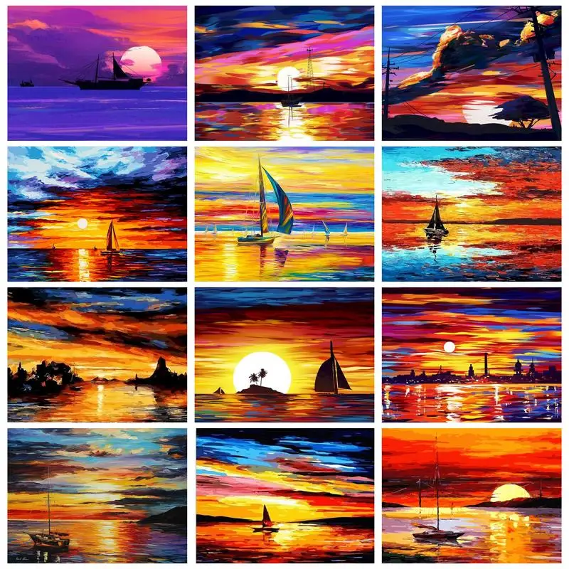 

GATYZTORY Acrylic Painting By Numbers Colorful Sunset Seascape Sailboat Handpainted Pictures By Numbers For Adults Artwork Gift