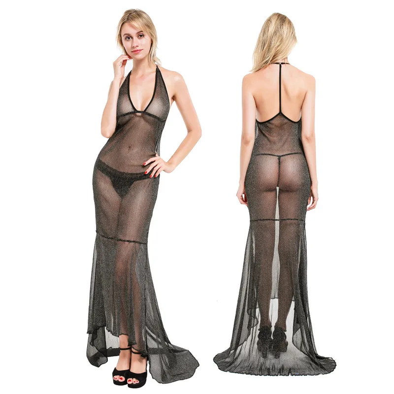 

Черное Сетчатое Прозрачное платье с низким вырезом, сексуальная ночная рубашка на бретелях, Забавное платье, женское сексуальное платье дл...