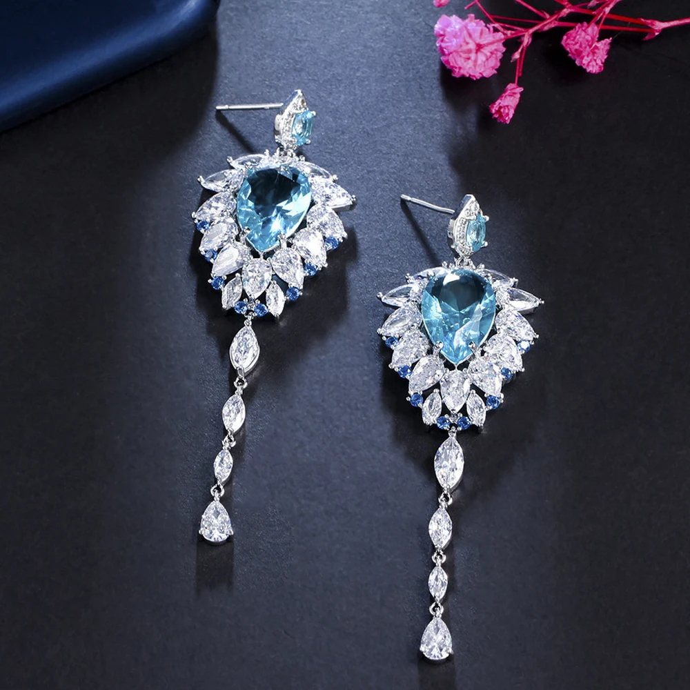 

ThreeGraces Exquisite Ocean Blue Cubic Zirconia Long Water Drop Earrings for Women Luxury Summer Wedding Party Jewelry ER863