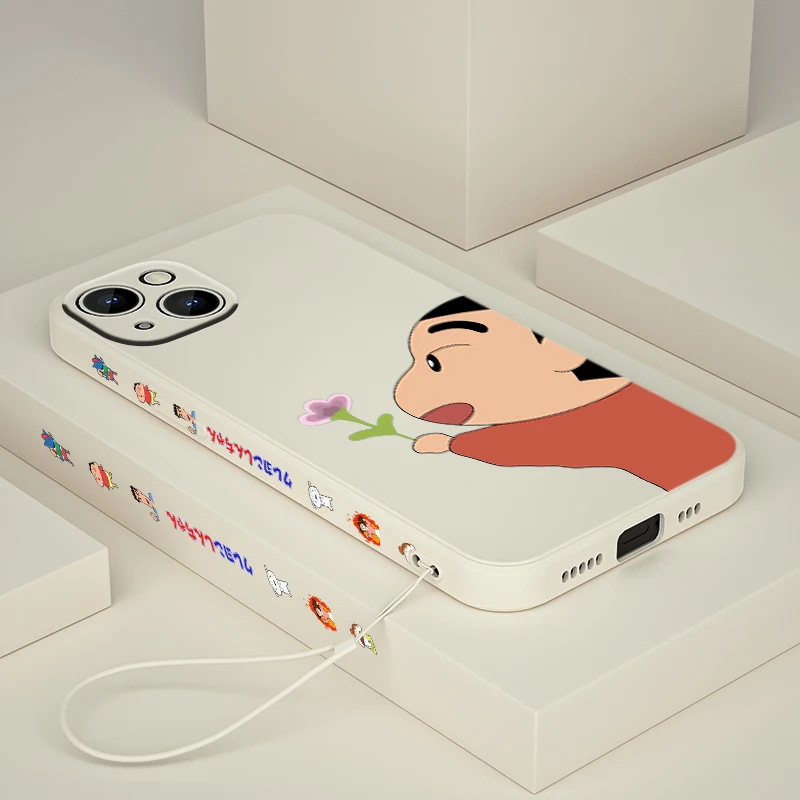 

Cute Crayon Shin-chan For Apple iPhone 13 12 Mini 11 Pro XS MAX XR X 8 7 6S Plus Liquid Left Rope Silicone Phone Case Capa Cover