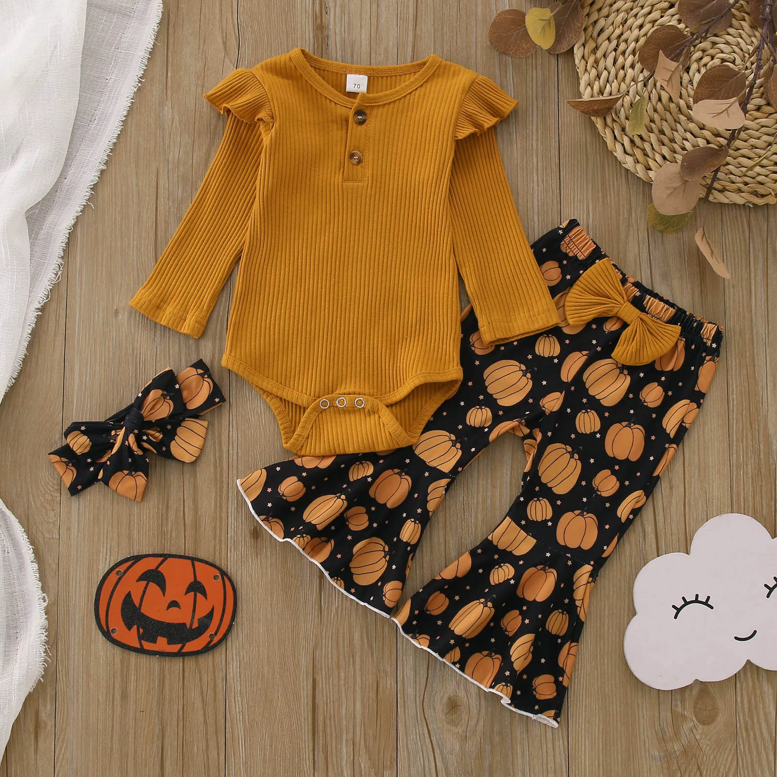 

3Pcs Newborn Clothes Baby Girl Clothes Sets Winter Halloween Infant Outfit Ribbed Romper Top Bow Pants New Born Toddler Clothing