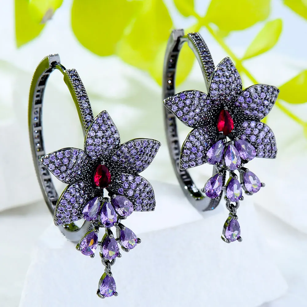 

GODKI Luxury 3 Tone Flower Tassel Drop Cubic Zircon Statement Big Hoop Earrings For Women Wedding DUBAI Bridal Hoop Earring 2022