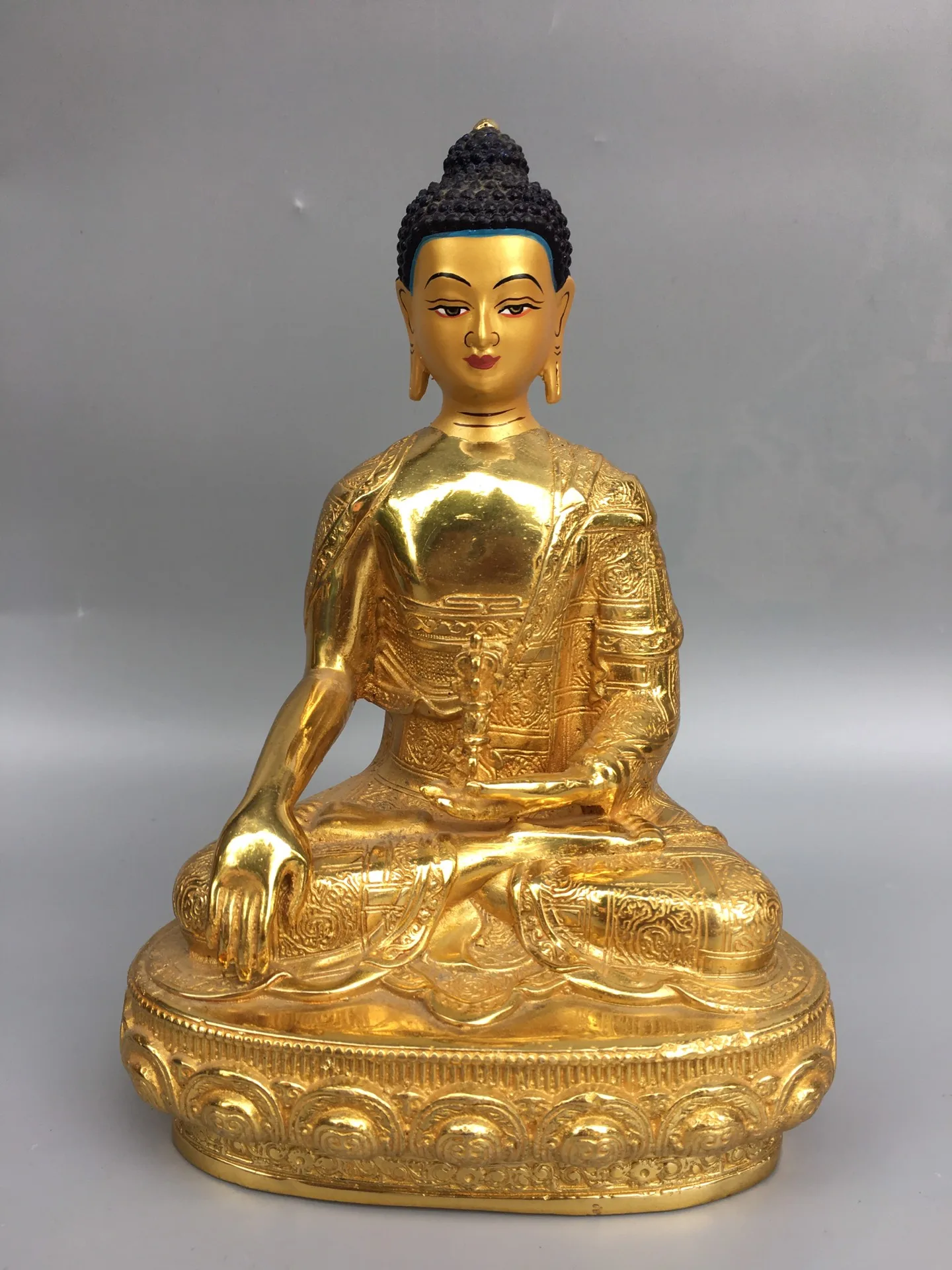 

9" Tibetan Temple Collection Old Bronze Gilt Painted Shakyamuni Amitabha lotus platform worship buddha Town House Exorcism