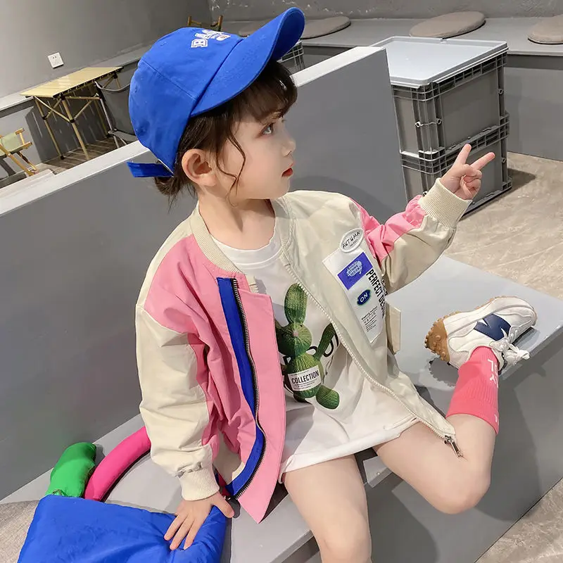 

Весна-Осень 2022, Детский кардиган, цветная контрастная куртка, Повседневная бейсбольная куртка для девочек, куртки с воротником-стойкой