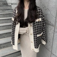 2021 autumn women cardigan temperament retro houndstooth v neck chic single breasted loose long sleeved knitted sweater tide ins