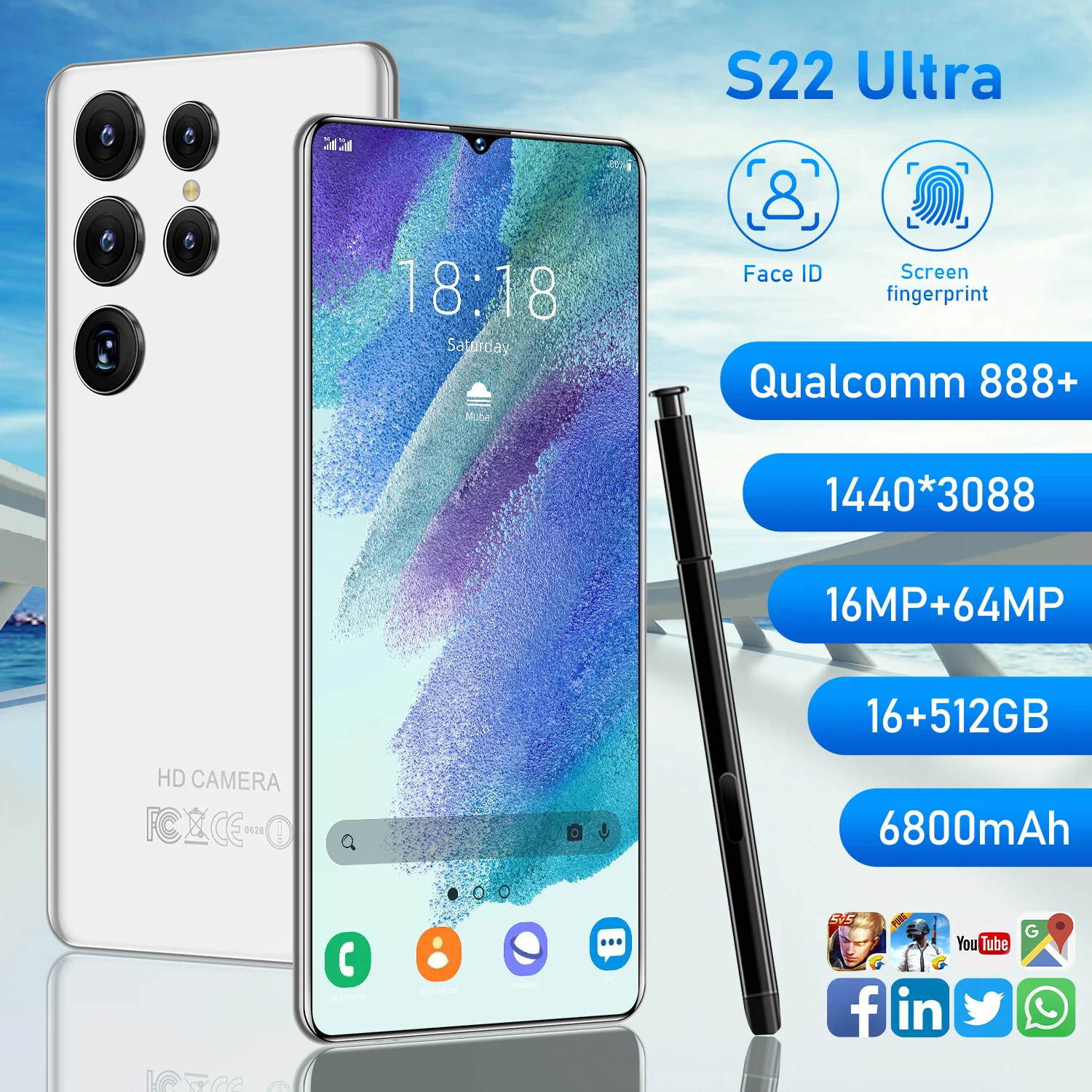 New Arrival S22 Ultra 6.8 Inch 16GB+512GB 16MP+64MP 6800mAh Android 12 Smartphone Qualcomm 888+ Deca Core E Pen Cellphone
