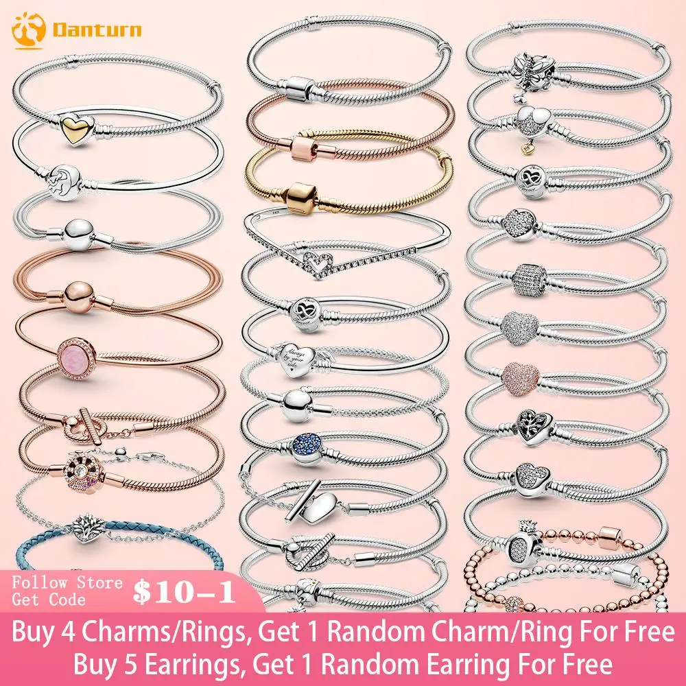 

Danturn 925 Silver Heart Infinity Wishbone Heart Blue Disc Fan Clasp Heart T-Bar Multi Snake Chain Bracelets Friendship Bangles