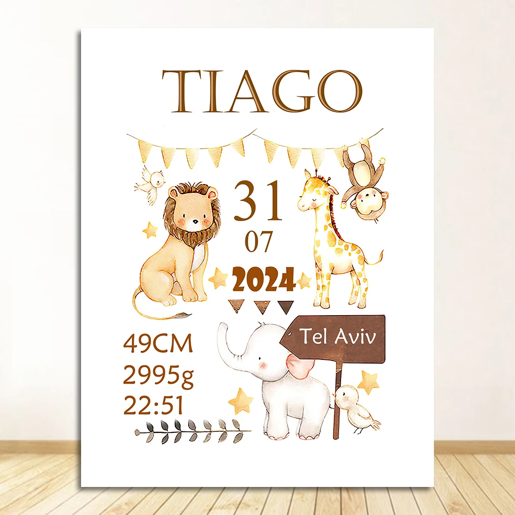 

Плакат для детской, художественный принт, животное, холст, картина, настенная картина, скандинавское украшение для детской спальни для мальчиков, персонализированное украшение для рождения ребенка на заказ