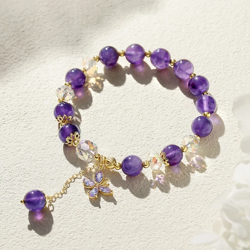

Minar INS Fashion Purple Color Crystal Natural Stone Butterfly Strand Bracelets for Women Adjustable CZ Zircon Beaded Bracelet