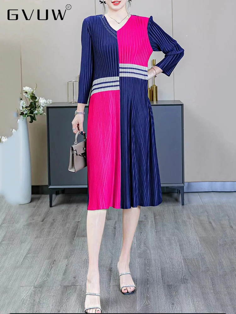 

Женское плиссированное платье до щиколотки GVUW, элегантное платье-трапеция с V-образным вырезом и длинными рукавами в стиле пэчворк, женская ...
