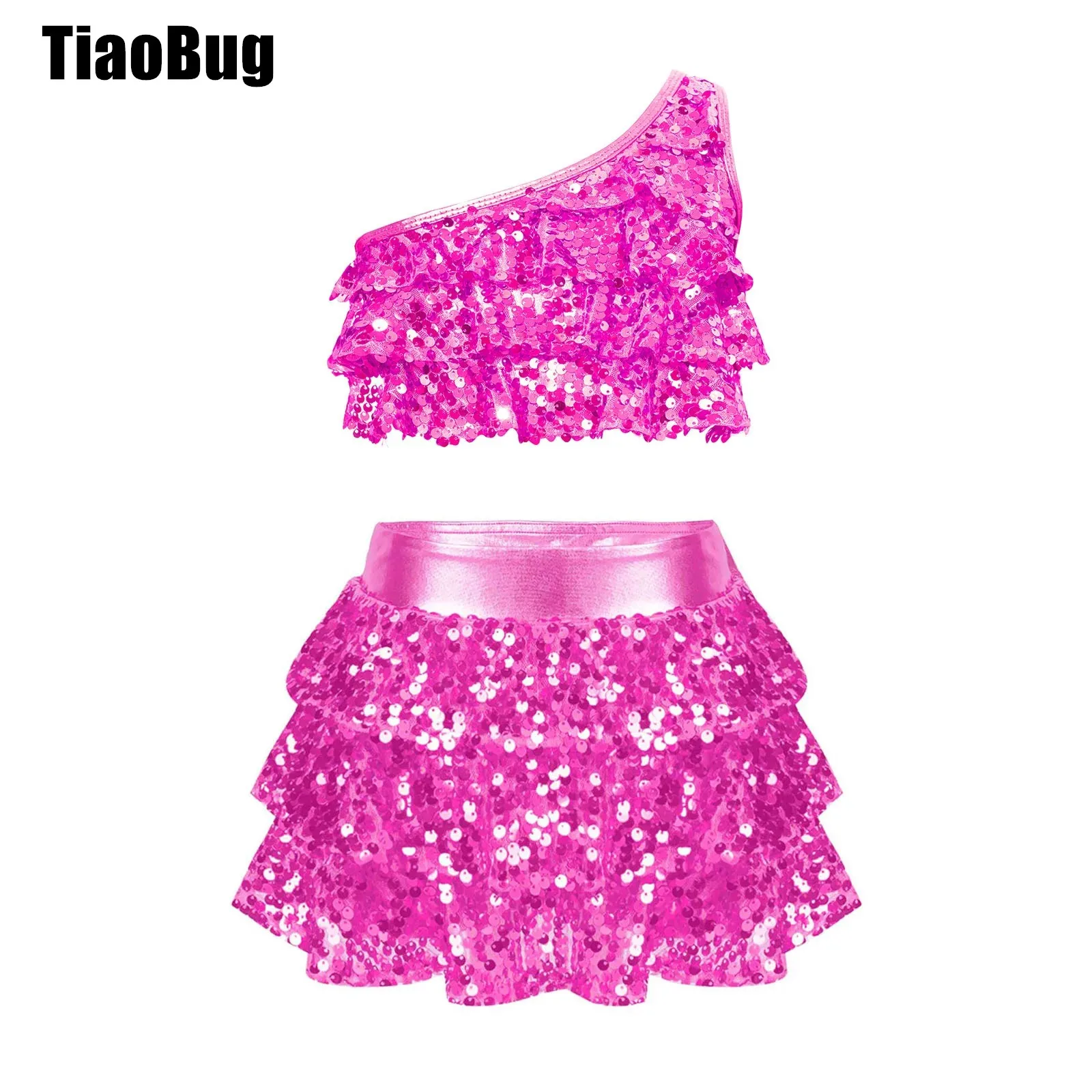 

Kids Girls Metallic Dance Outfit Shiny Sequins Tiered Ruffles Crop Top One Shoulder Vest with Elastic Waistband Skirted