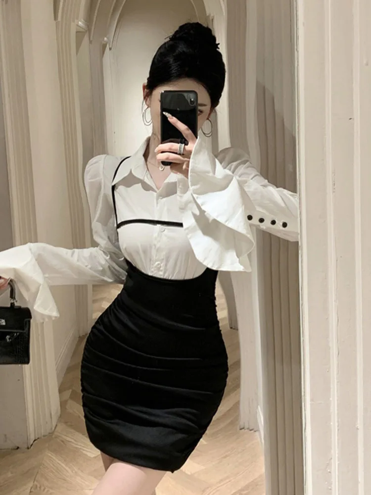 Темпераментное платье из двух частей с длинным рукавом облегающее запахом на