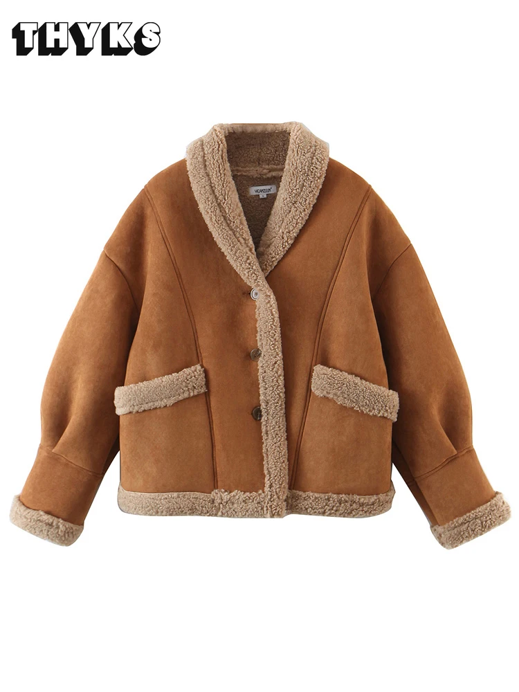 

Women's 2022 Fashion Thick Warm Suede Lamb Fleece Jacket Coat Short Long Sleeve Pocket Ladies Coat Vintage Chic Jacket Top