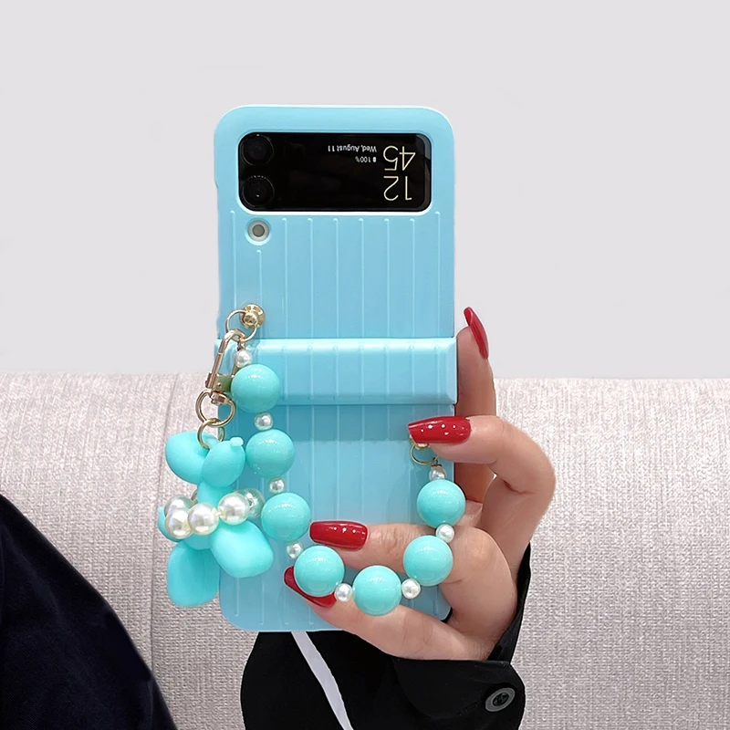 

For Samsung ZFlip3 Cover Phone Case for Samsung ZFlip 3 F7110 Cute Blue Suitcase with Blue Candy Lanyard for ZFlip3 Funda Cases