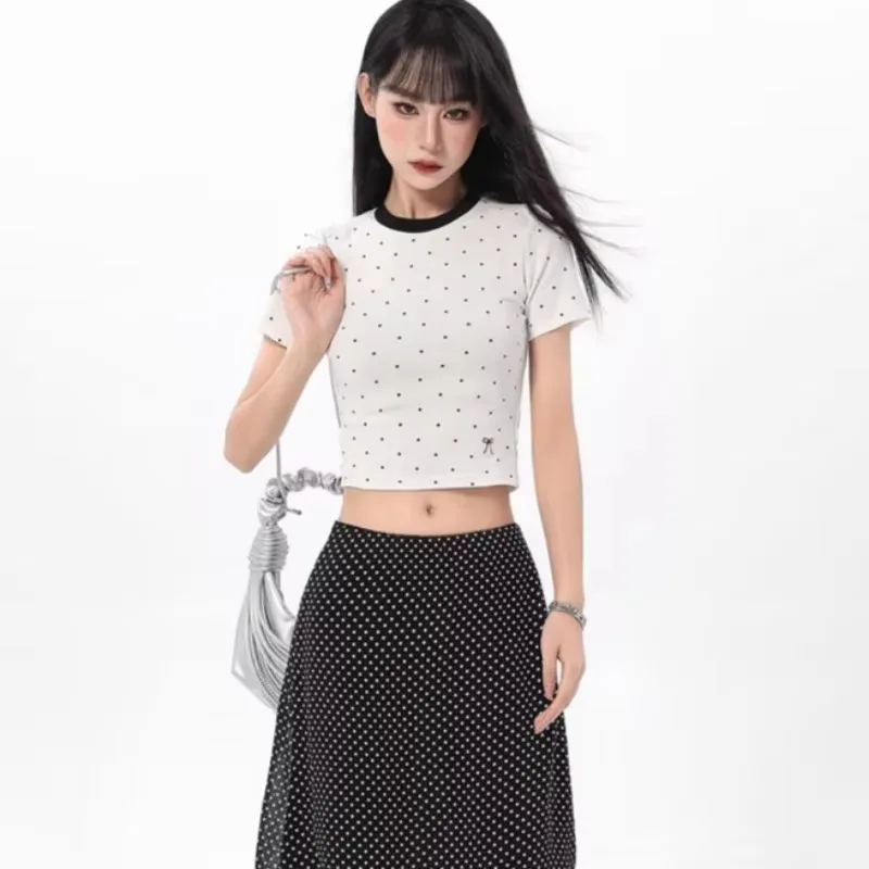 Футболки с принтом в горошек женские корейские модные облегающие укороченные