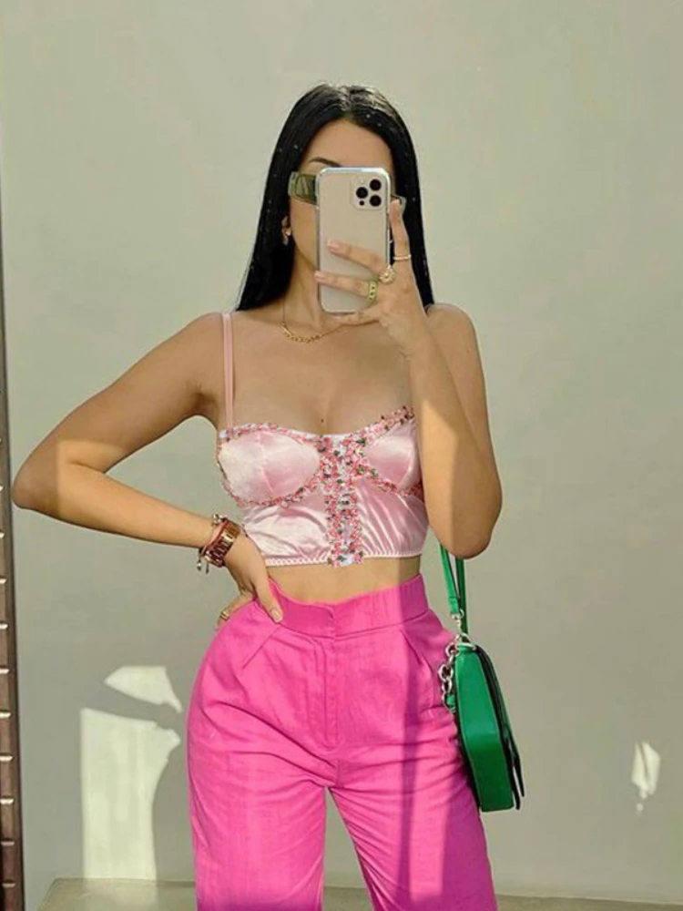 

2022 Summer New Women's Sexy Pink Corest Vest Female Pink Sation Slip Crop Top