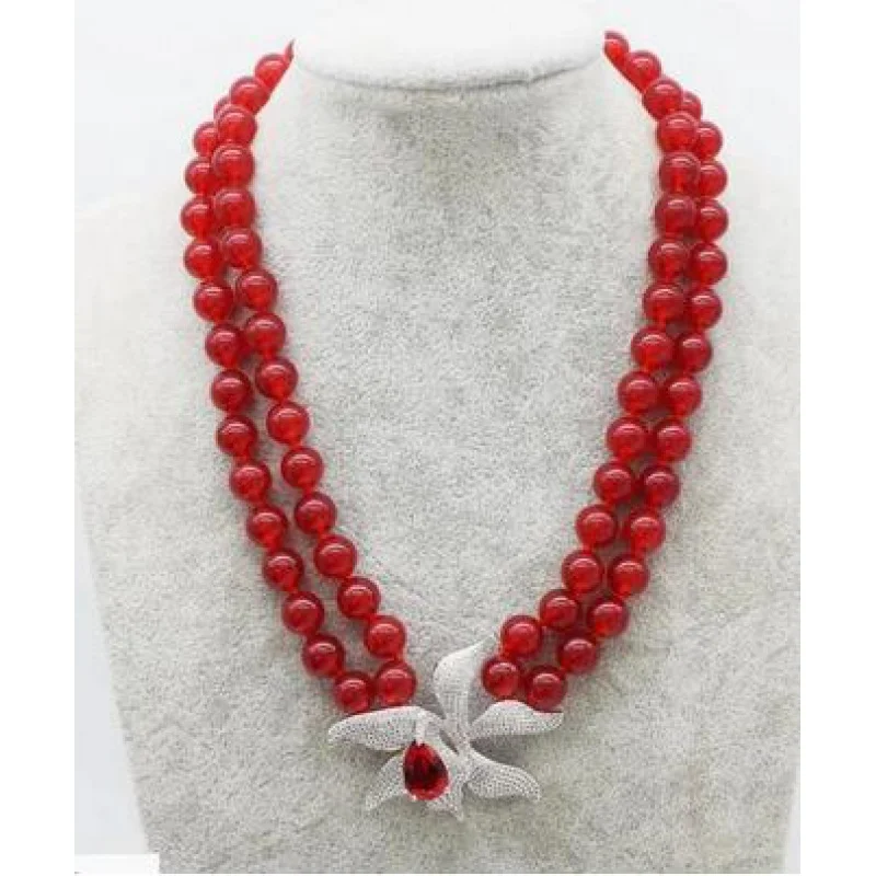 

2rows red round 8mm bead &zircon flower nelace 17-18" wholesale beads