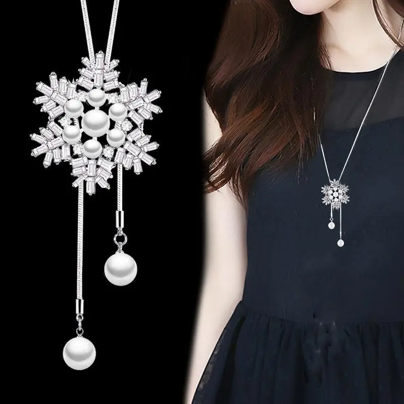 

KIOOZOL elegant leaf pendant necklace for women pearl snowflake long chain fashion jewelry 2022 wedding accessories 020 KO2