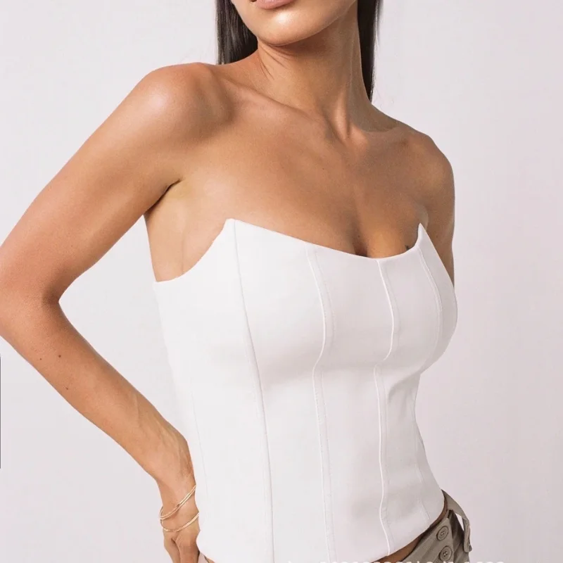 

Bangniweigou Strapless PU Leather Corset Tube Top Solid Color Women Off Shoulder Slim Wrapped Bustier Zip Up Vest Female
